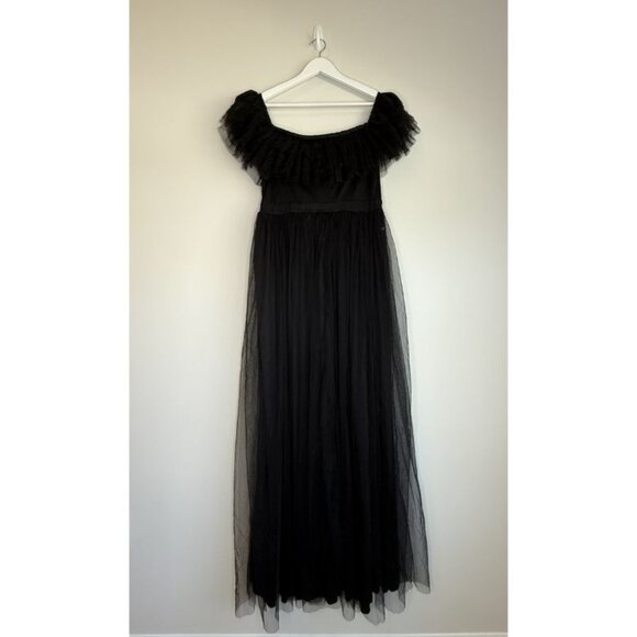 Formal Off Shoulder Black Tulle Maxi Dress - Picture 3 of 8